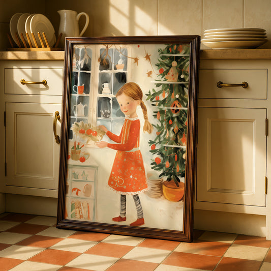 Christmas Girl Poster, Festive Children's Wall Art, Vintage Xmas Tree Print, Holiday Kids Room Decor