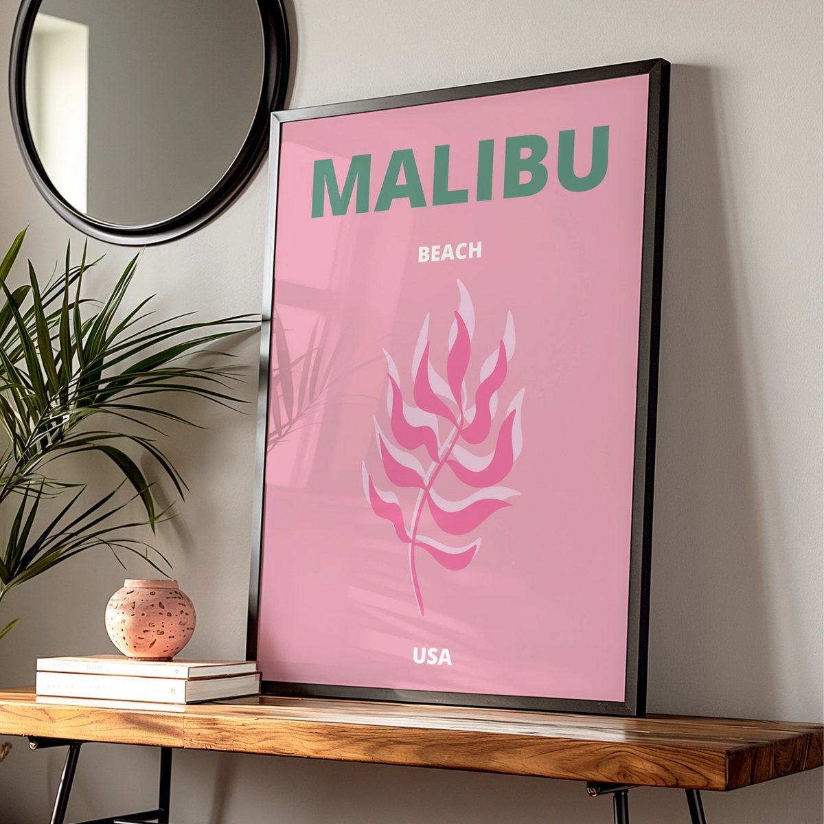 Malibu Beach Travel Poster, California USA Wall Art, Pink Retro Coastal Print