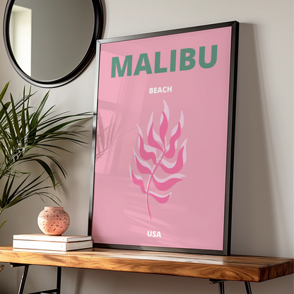 Malibu Beach Travel Poster, California USA Wall Art, Pink Retro Coastal Print
