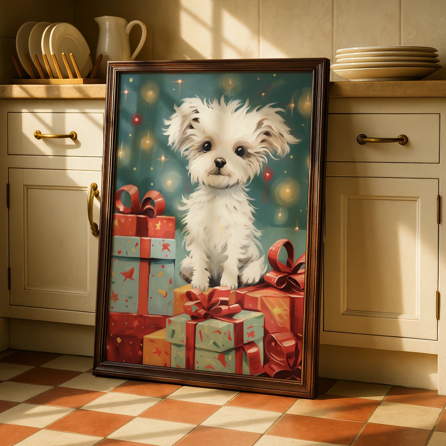 Christmas Puppy Poster, Cute White Dog with Gifts, Festive Xmas Wall Art Print