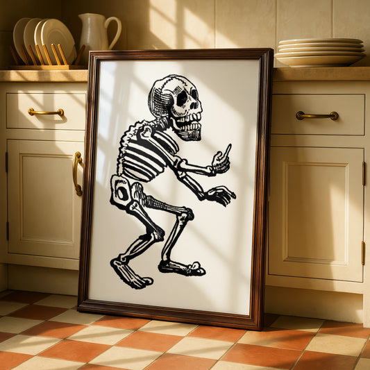Dancing Skeleton Halloween Wall Art, Vintage Skull Poster, Black White Spooky Print, Gothic Decor