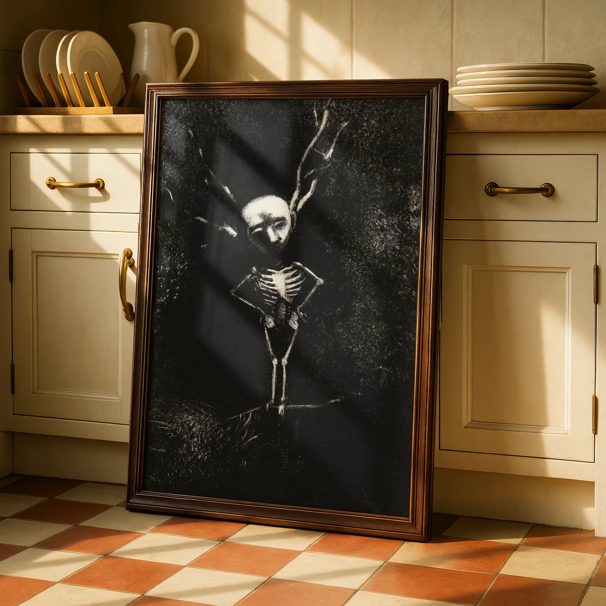 Dark Skeleton Halloween Art Print, Gothic Skull Poster, Spooky Black Wall Art, Occult Macabre Decor