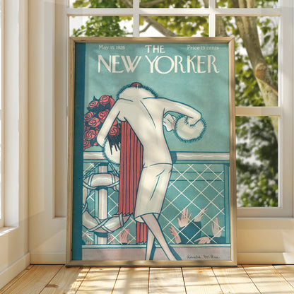 New Yorker Cover May 1926 Poster, Art Deco Woman Rose Bouquet, Vintage Magazine Wall Art