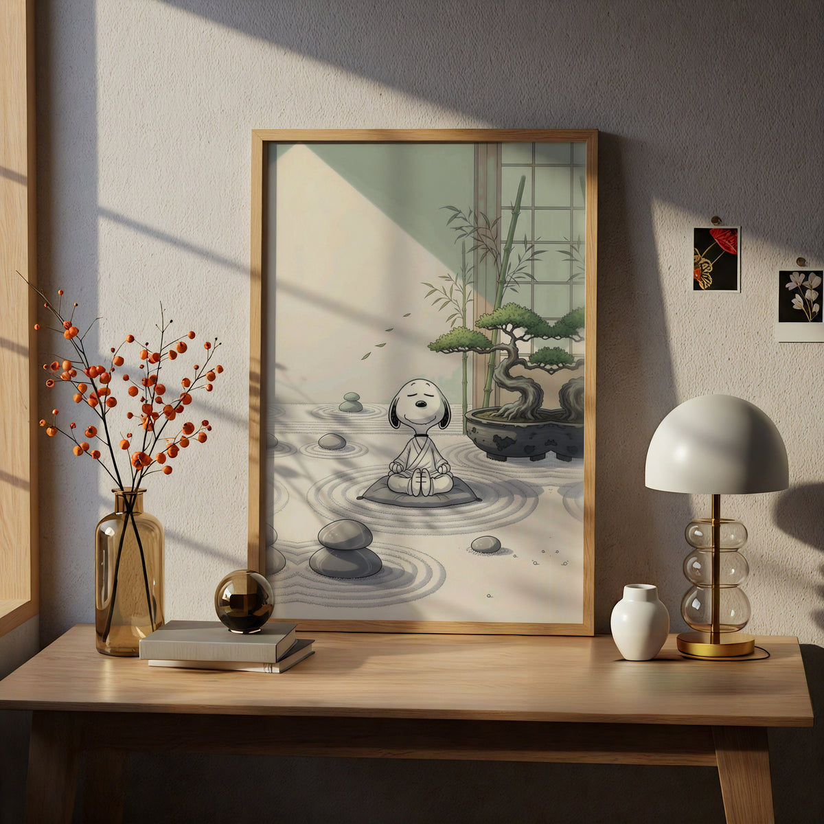 Meditating Cartoon Beagle Zen Garden Poster, Bonsai Wall Art, Sage Green Art Print for Bedroom