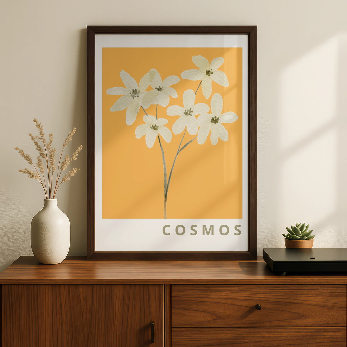 Cosmos Flower Botanical Poster, White Floral Wall Art, Mustard Yellow Modern Print