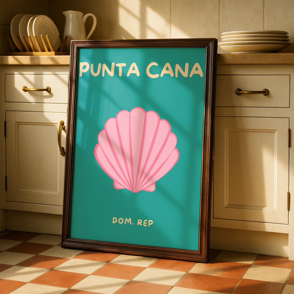 Punta Cana Travel Poster, Dominican Republic Wall Art, Retro Beach Print, Teal Pink Seashell