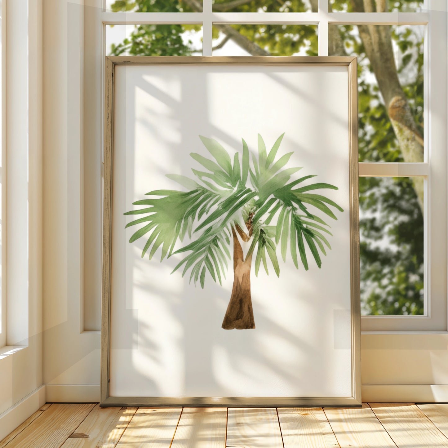 Watercolour Palm Tree Nursery Wall Art, Tropical Green Botanical Kids Room Poster