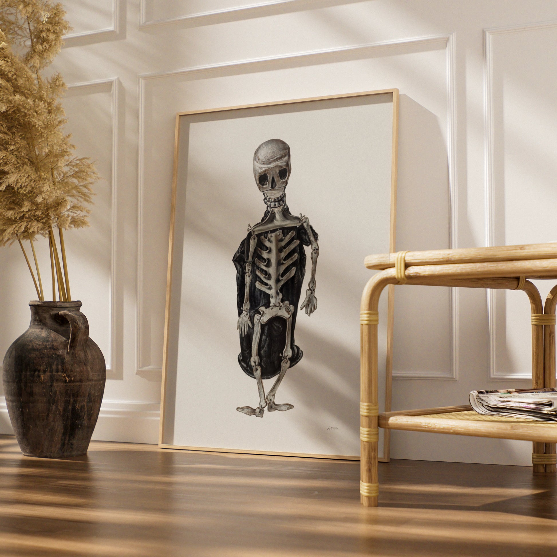 Halloween Skeleton Poster, Spooky Gothic Wall Art, Dark Macabre Print, Skull Bone Decor