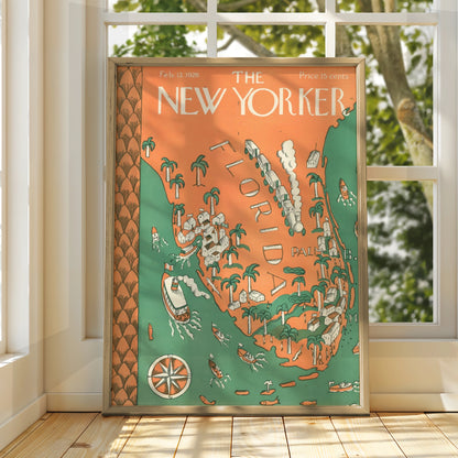 The New Yorker 1926 Florida Map Poster, Vintage Travel Wall Art, Palm Beach Print