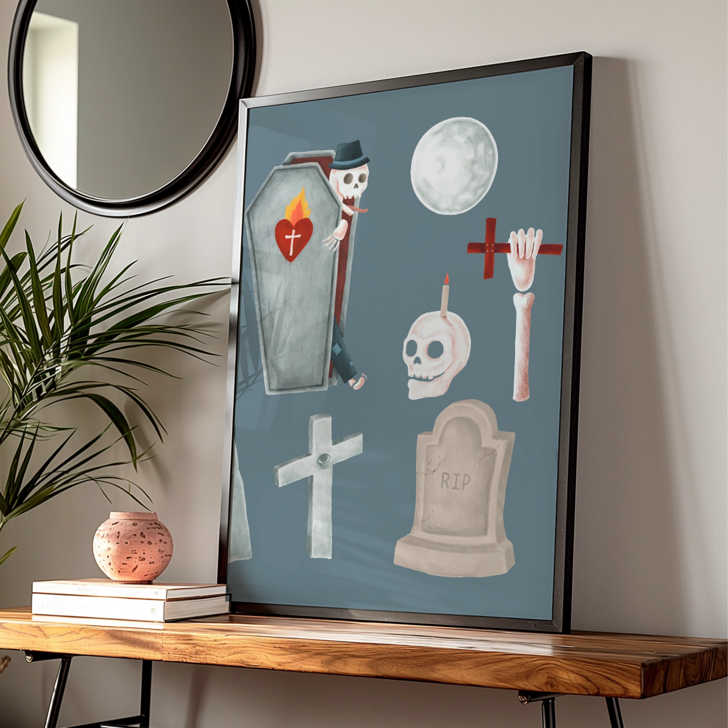 Halloween Ghost Skeleton Coffin Poster, Spooky Graveyard Wall Art, Skull RIP Print