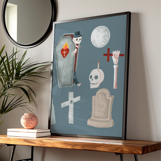 Halloween Ghost Skeleton Coffin Poster, Spooky Graveyard Wall Art, Skull RIP Print