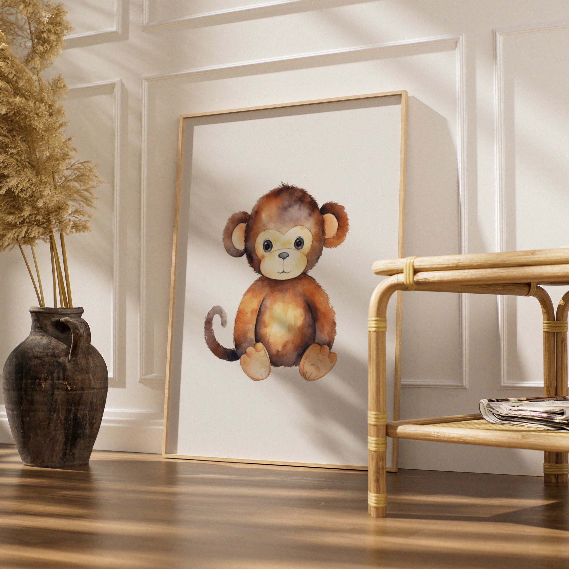 Cute Monkey Nursery Wall Art, Watercolour Baby Monkey Poster, Safari Animal Kids Room Print