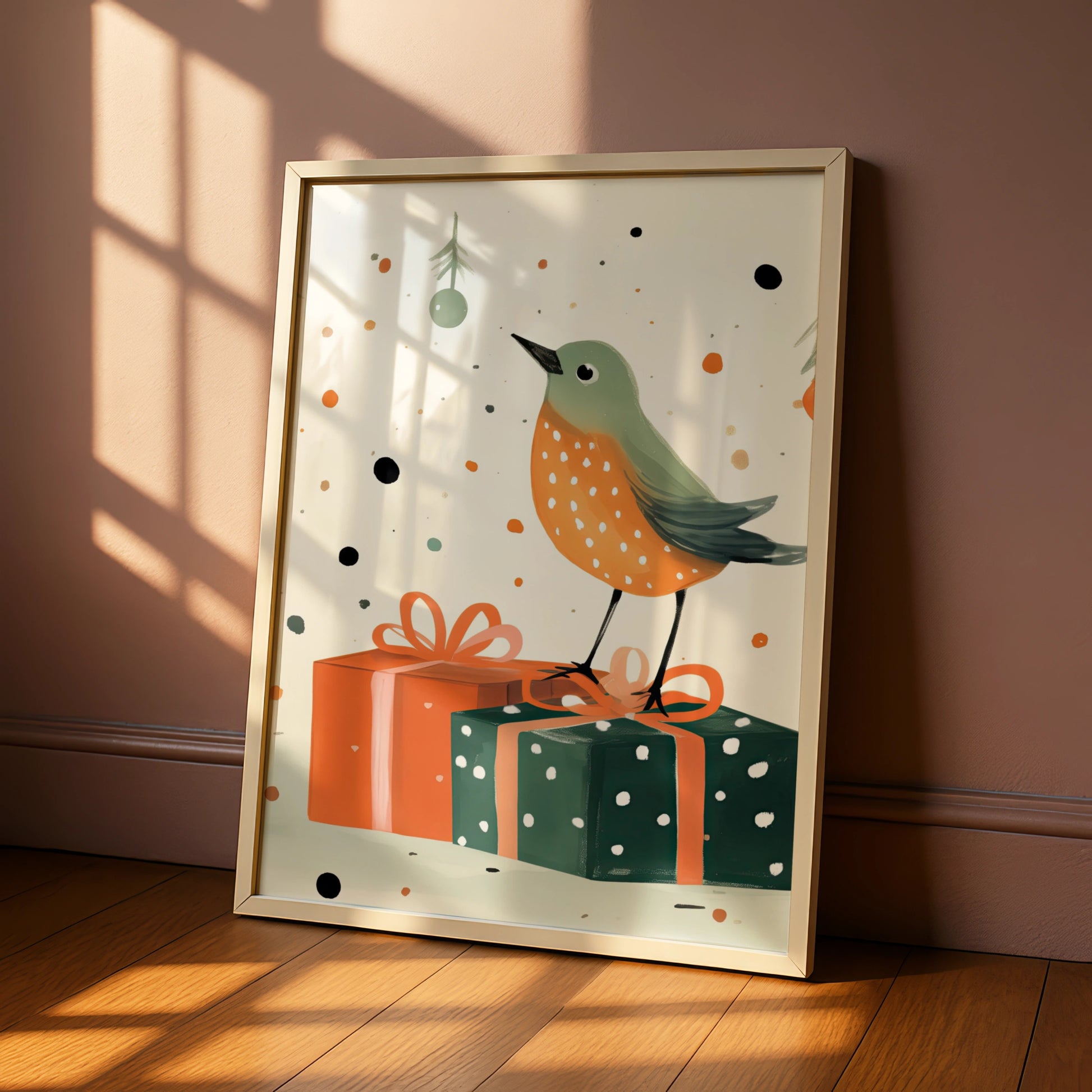 Christmas Robin Poster, Festive Bird Wall Art, Cute Xmas Gift Print, Green Orange Illustrated