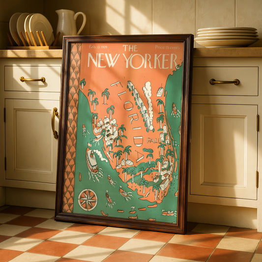 The New Yorker 1926 Florida Map Poster, Vintage Travel Wall Art, Palm Beach Print