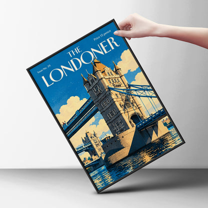 Tower Bridge London Poster, Vintage Magazine Cover Wall Art, Blue Cityscape Art Print, Living Room