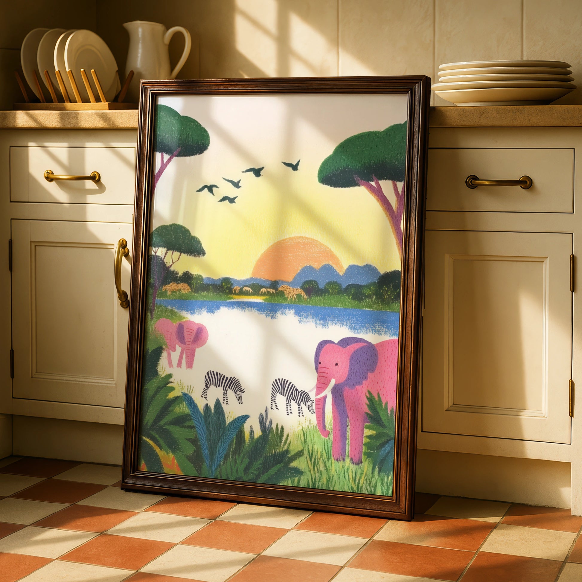 Safari Nursery Wall Art, Elephant Zebra Print, Colourful Animal Poster, Kids Room Decor