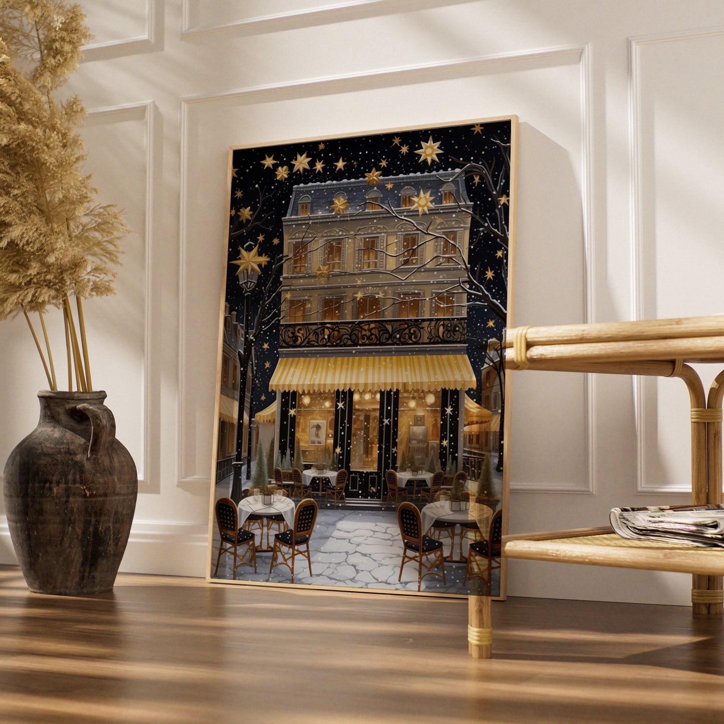 Christmas Paris Cafe Poster, Festive Winter Street Art Print, Gold Stars Snow