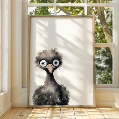 Emu Nursery Wall Art, Cute Watercolour Bird Poster, Kids Room Animal Print