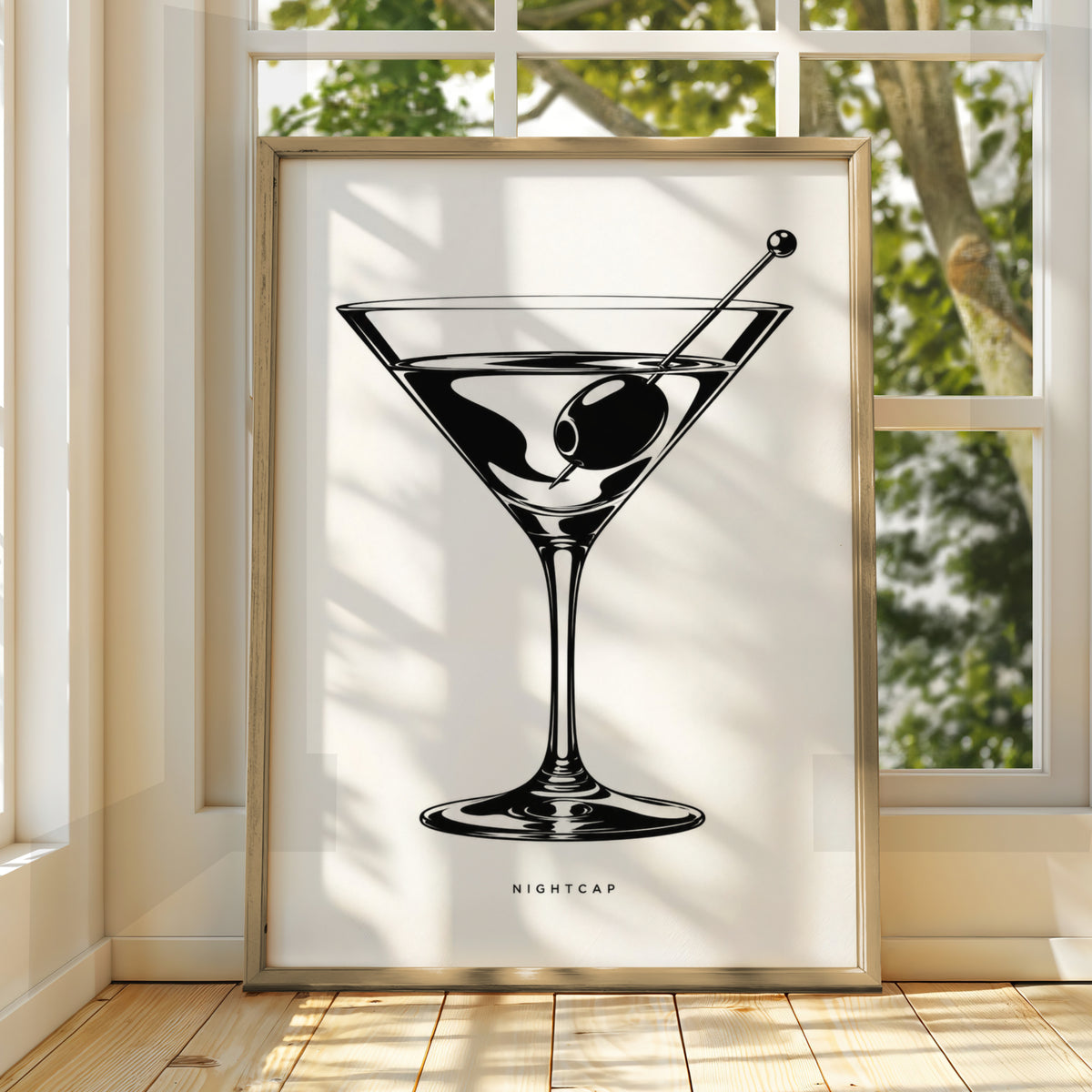 Martini Glass Print, Nightcap Cocktail Poster, Monochrome Wall Art, Black and White Bar Decor