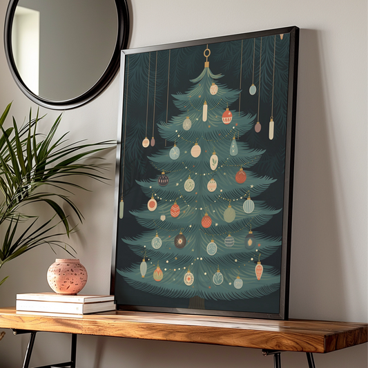 Christmas Tree Poster, Festive Baubles Wall Art, Vintage Holiday Print, Dark Green Xmas Decor