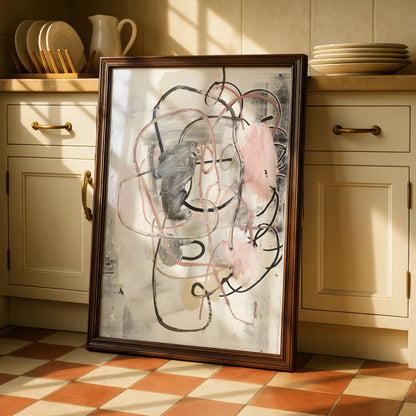 Abstract Line Art Print, Pink Grey Modern Wall Art, Contemporary Monochrome Poster, Gallery Wall