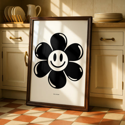 Bloom Smiley Flower Print, Monochrome Wall Art, Black and White Retro Floral Poster
