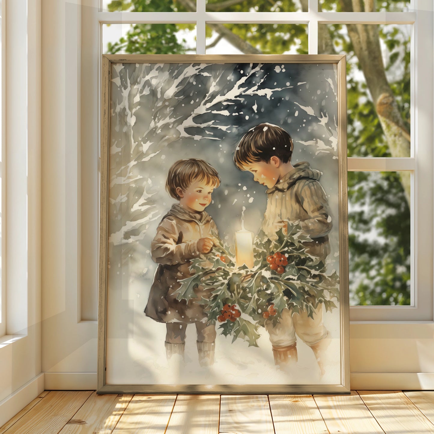 Christmas Children Holly Candle Poster, Vintage Winter Snow Watercolour Wall Art Print