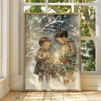 Christmas Children Holly Candle Poster, Vintage Winter Snow Watercolour Wall Art Print