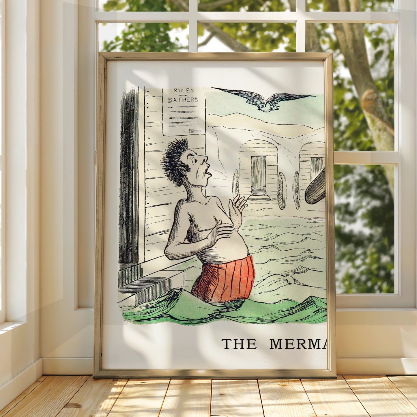 Vintage Bathing Comic Poster, Victorian Beach Humour Wall Art, Antique Seaside Print