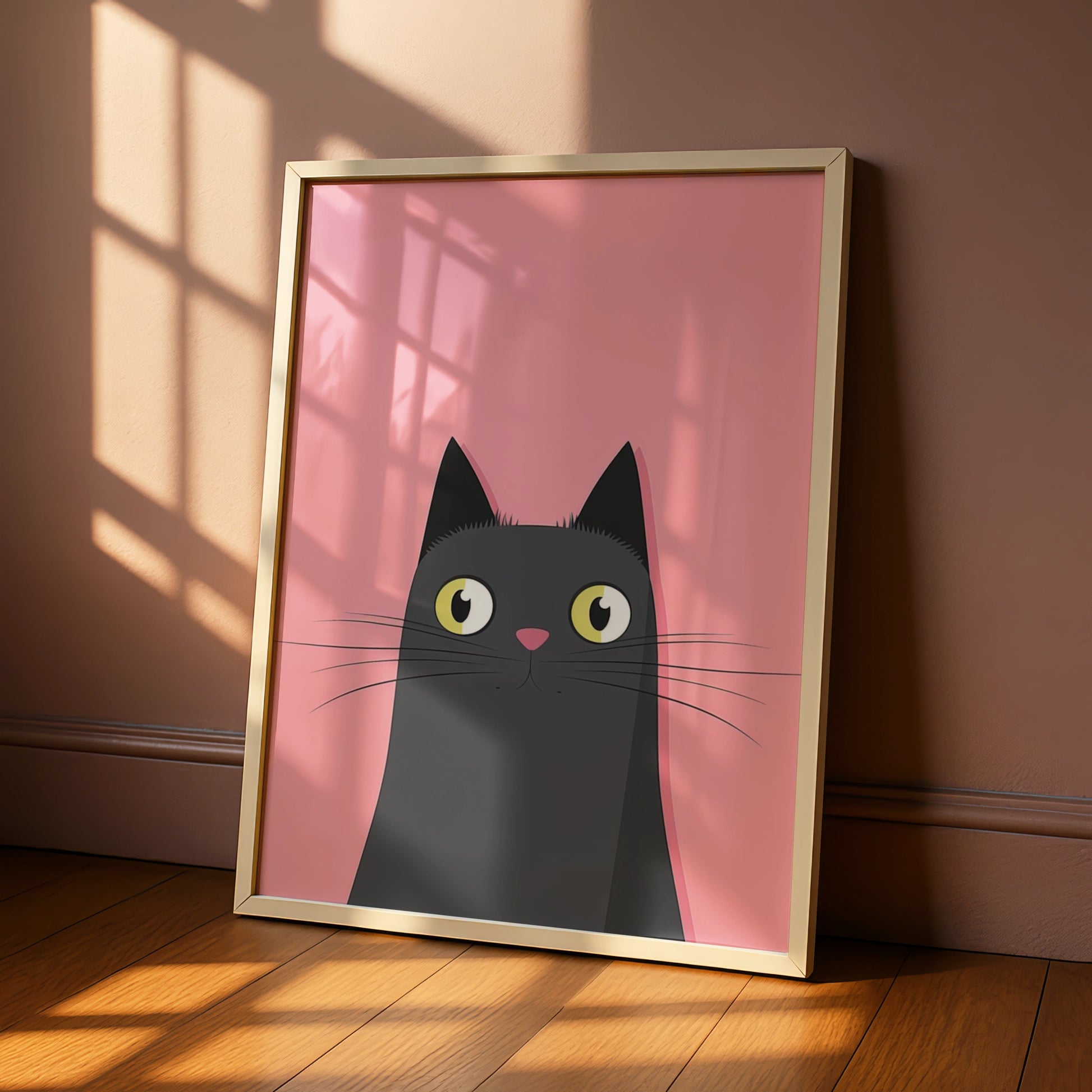 Black Cat Nursery Wall Art, Cute Cat Poster, Pink Kids Room Print, Minimalist Animal