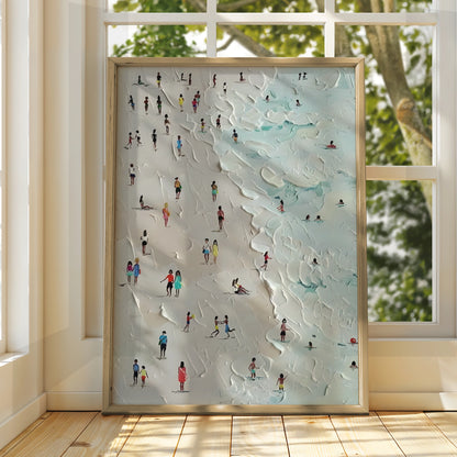Beach Scene Art Print, People on Sandy Shore, Aerial View Poster, Modern Coastal Wall Art
