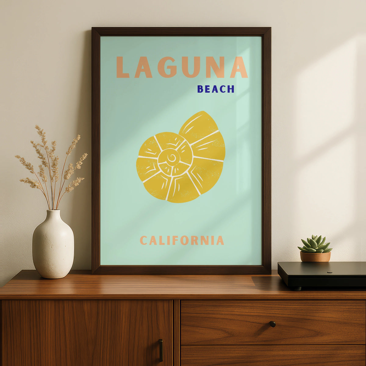 Laguna Beach California Travel Poster, Retro Coastal Wall Art, Seashell Print