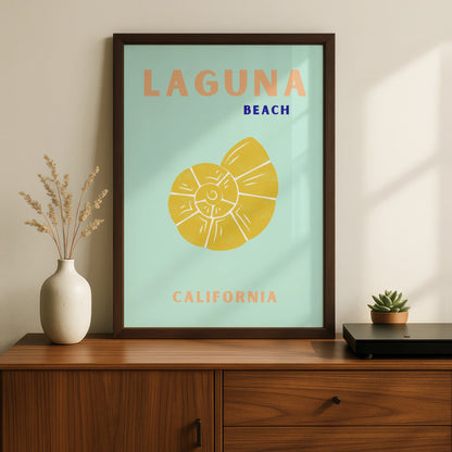 Laguna Beach California Travel Poster, Retro Coastal Wall Art, Seashell Print