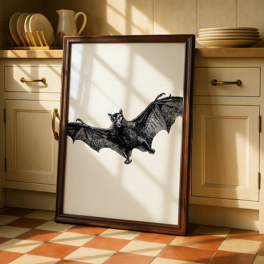 Halloween Bat Poster, Vintage Gothic Wall Art, Black White Engraving Print, Spooky Decor