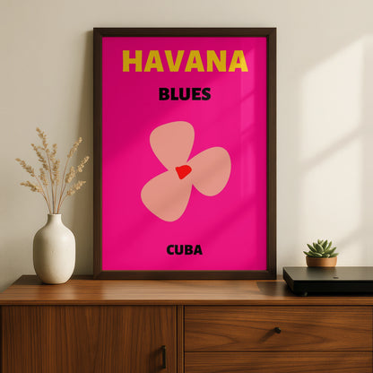 Havana Cuba Travel Poster, Retro Wall Art, Bold Floral Print, Bright Pink Caribbean Decor