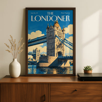 Tower Bridge London Poster, Vintage Magazine Cover Wall Art, Blue Cityscape Art Print, Living Room