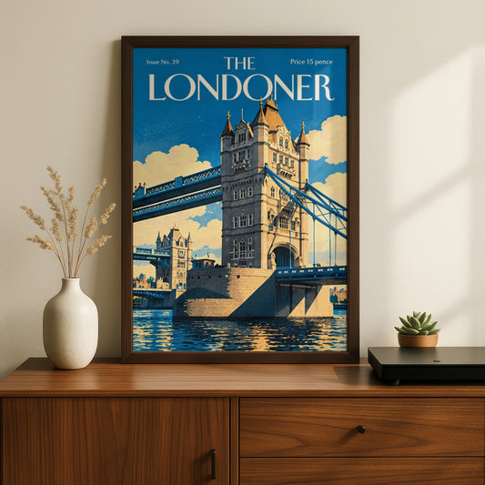 Tower Bridge London Poster, Vintage Magazine Cover Wall Art, Blue Cityscape Art Print, Living Room