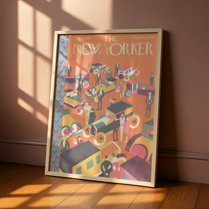 New Yorker 1927 Art Deco Poster, Vintage NYC Traffic Cover Print, Retro Wall Art