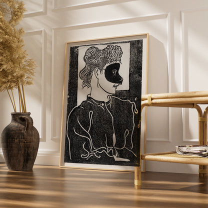 Halloween Masquerade Mask Woman Poster, Black White Woodcut Art Print, Gothic Wall Art