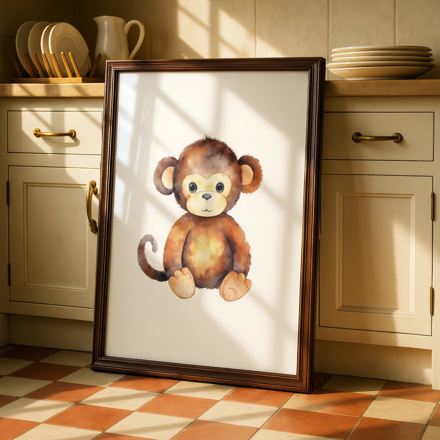 Cute Monkey Nursery Wall Art, Watercolour Baby Monkey Poster, Safari Animal Kids Room Print