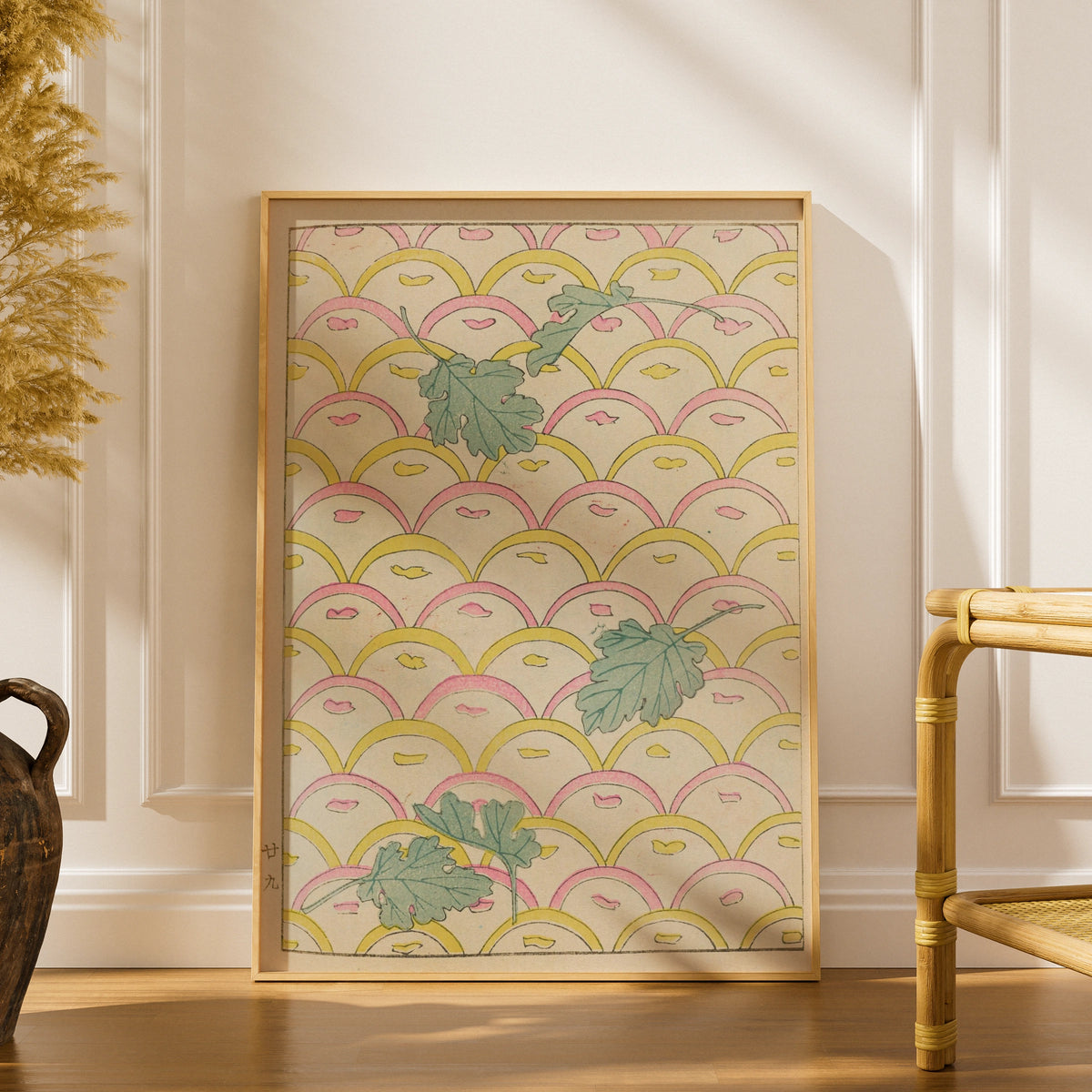 Japanese Botanical Print, Vintage Woodblock Wall Art, Leaf Scallop Pattern, Japandi Floral Poster – A5 print