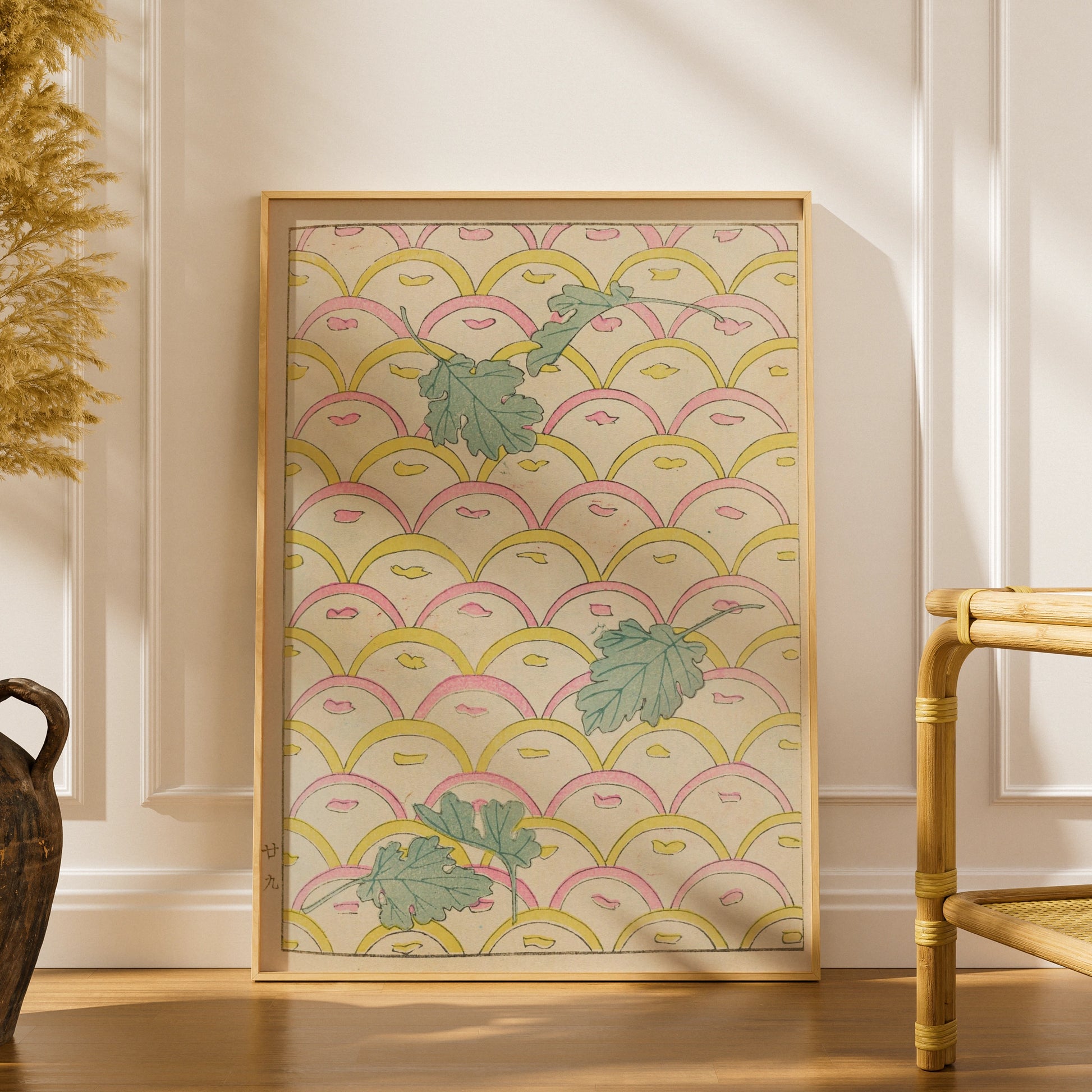 Japanese Botanical Print, Vintage Woodblock Wall Art, Leaf Scallop Pattern, Japandi Floral Poster – A5 print