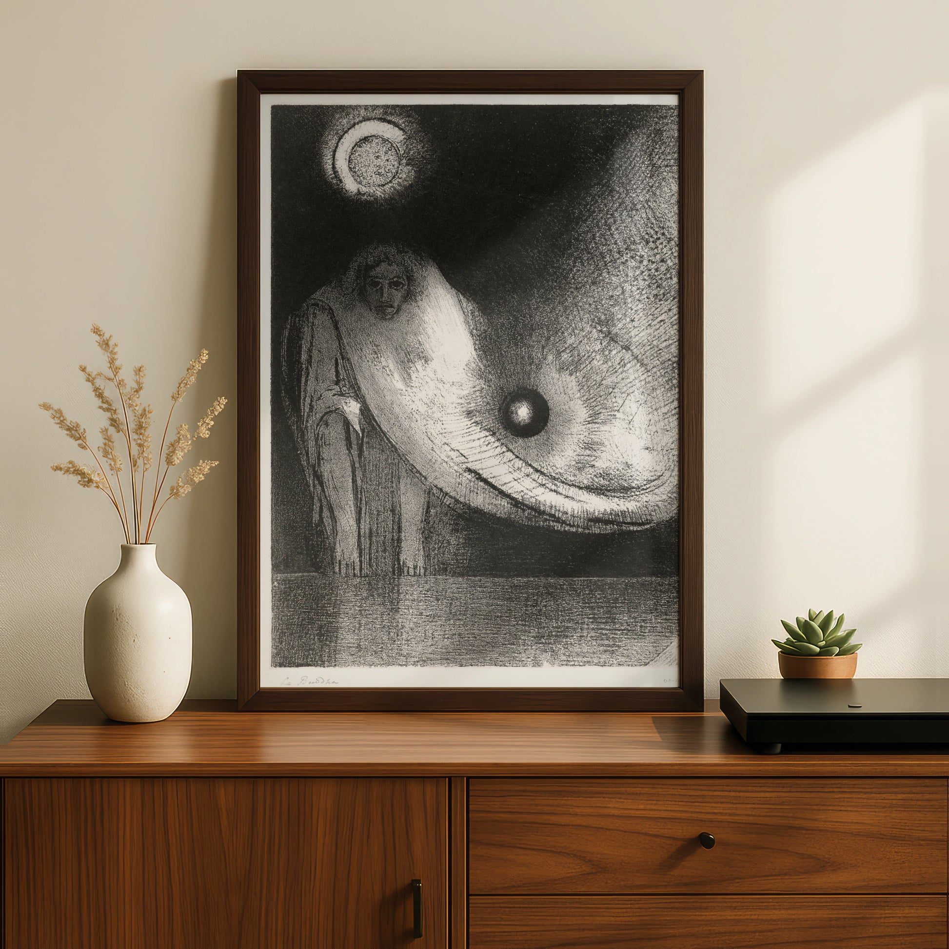 Dark Occult Figure Halloween Art Print, Gothic Surreal Moon Poster, Black White Wall Art