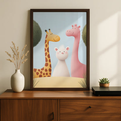 Cute Giraffe Nursery Wall Art, Baby Animal Poster, Safari Friends Print for Kids Room