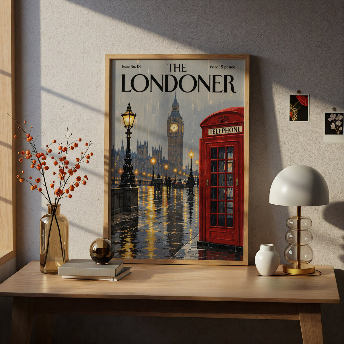 London Rainy Night Poster, Big Ben Red Telephone Box Wall Art, Vintage Magazine Cover Art Print
