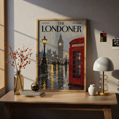 London Rainy Night Poster, Big Ben Red Telephone Box Wall Art, Vintage Magazine Cover Art Print