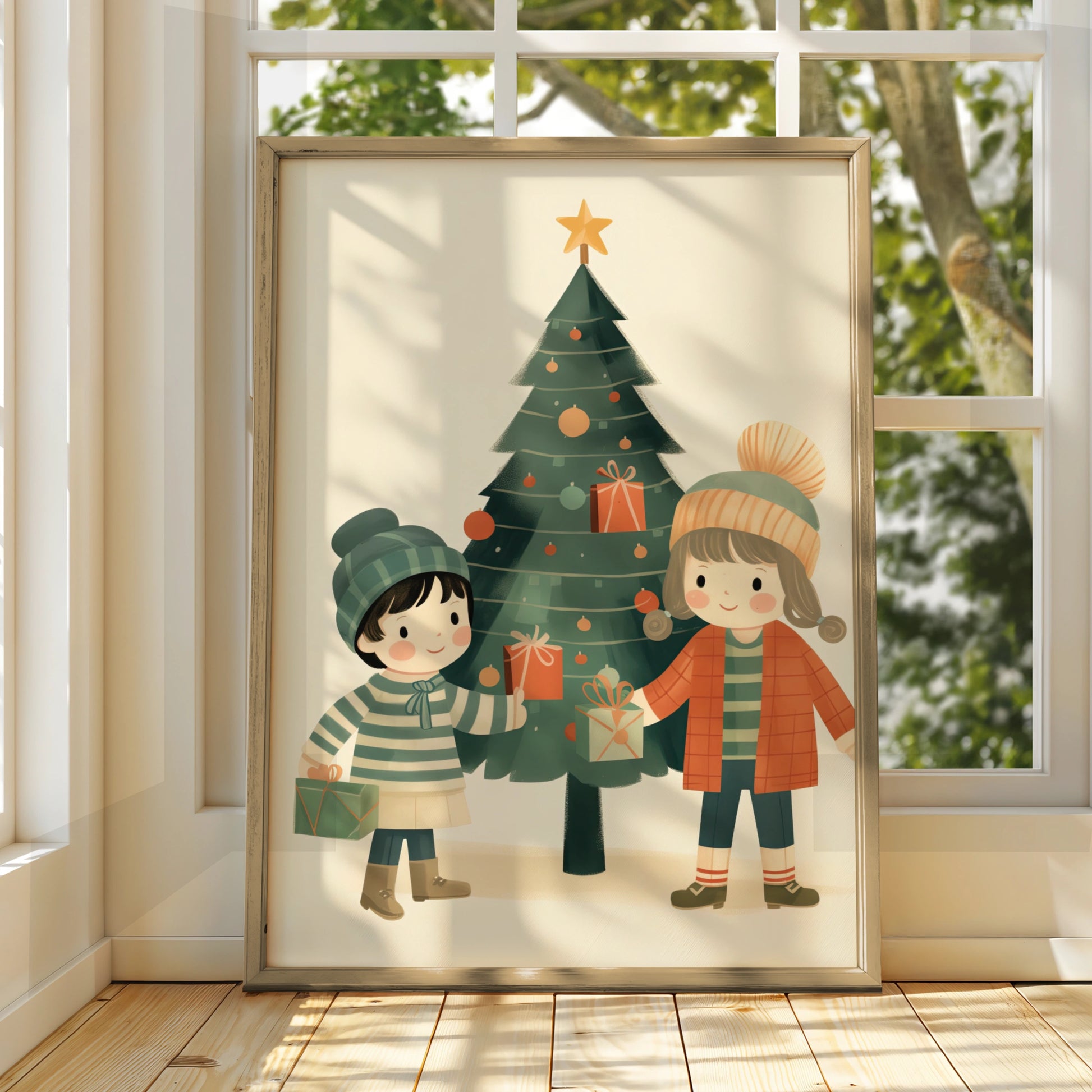 Christmas Poster Children Tree Gifts, Cute Kids Xmas Wall Art, Festive Holiday Print