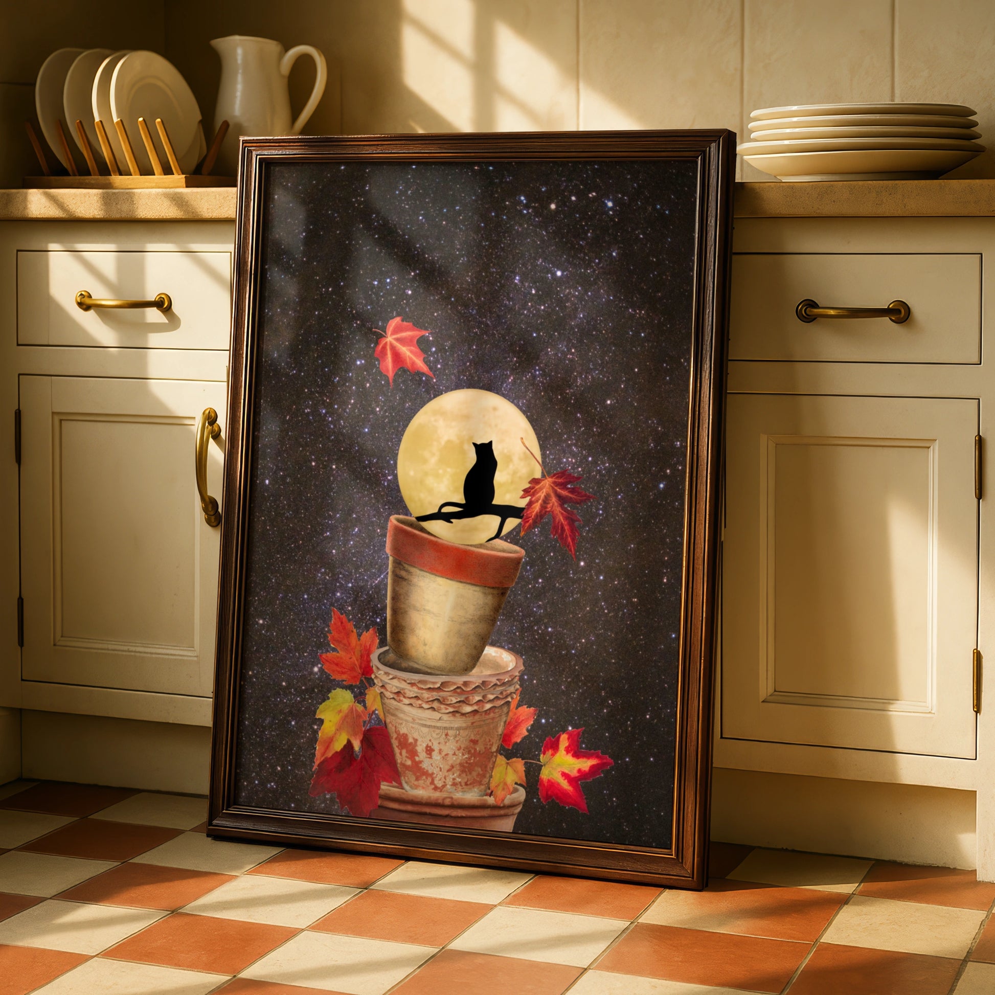 Halloween Black Cat Full Moon Poster, Autumn Leaves Night Sky Wall Art Print