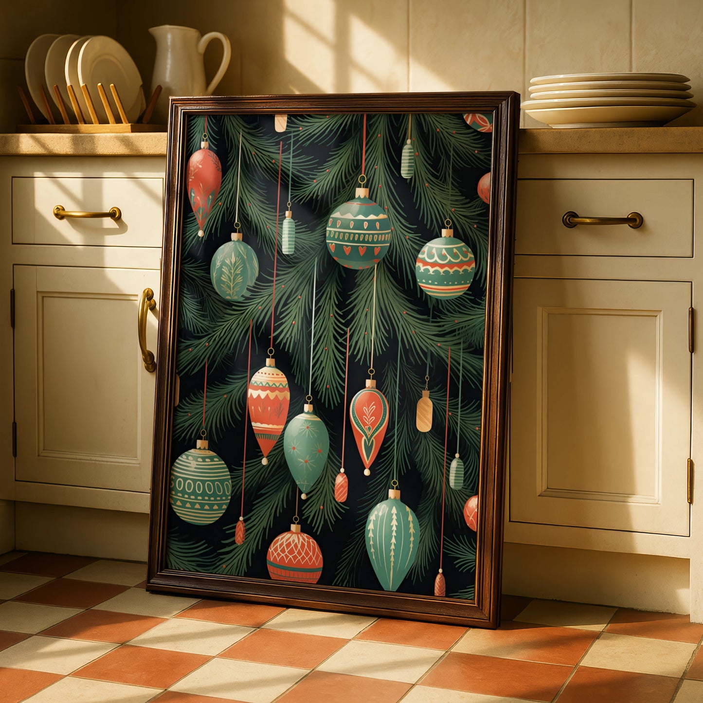 Christmas Baubles Poster, Festive Ornaments Wall Art, Retro Xmas Tree Print, Red Green