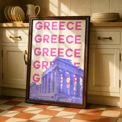 Greece Travel Poster, Athens Parthenon Wall Art, Retro Greece Print, Bold Pink Modern Decor